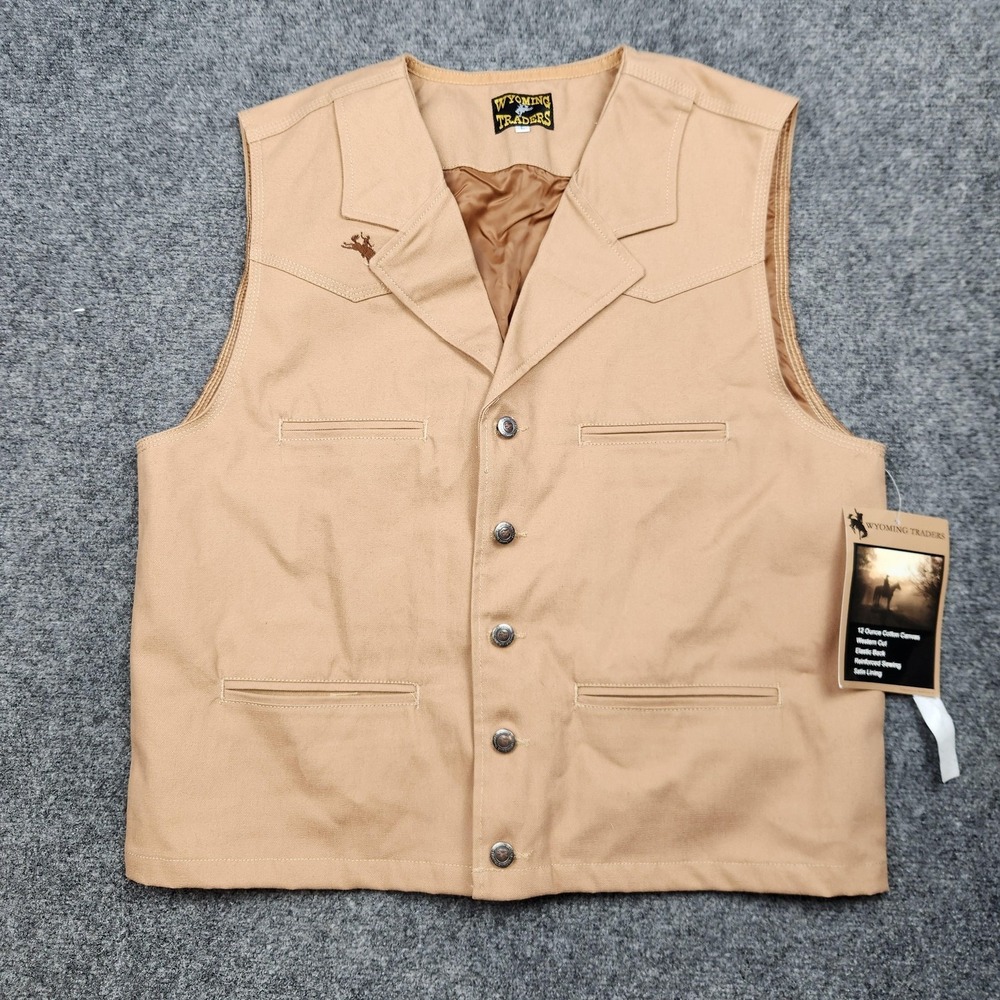 Wyoming Traders Bronco‎ Vest Mens Large Tan Canvas Western Snap Lined Cowboy